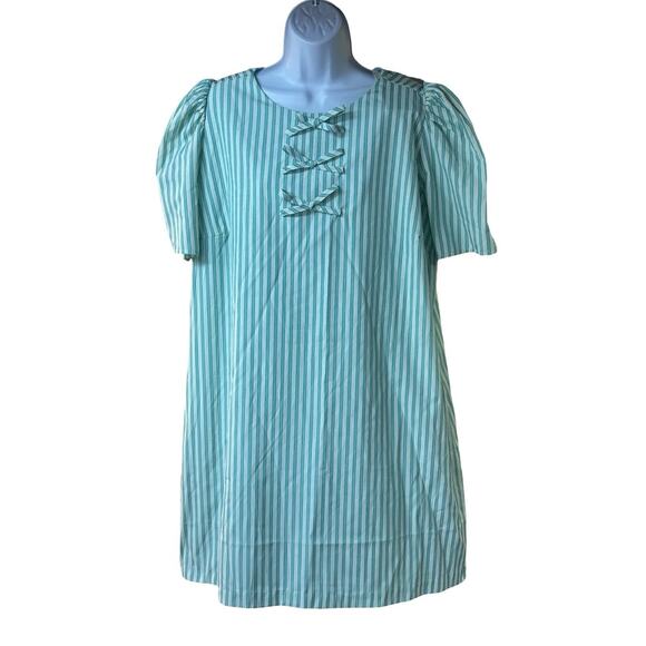 Abbey Glass Dresses & Skirts - Abbey Glass NWT Turquoise Striped Puff Sleeve Shift Dress Women 2XL Bow Detail